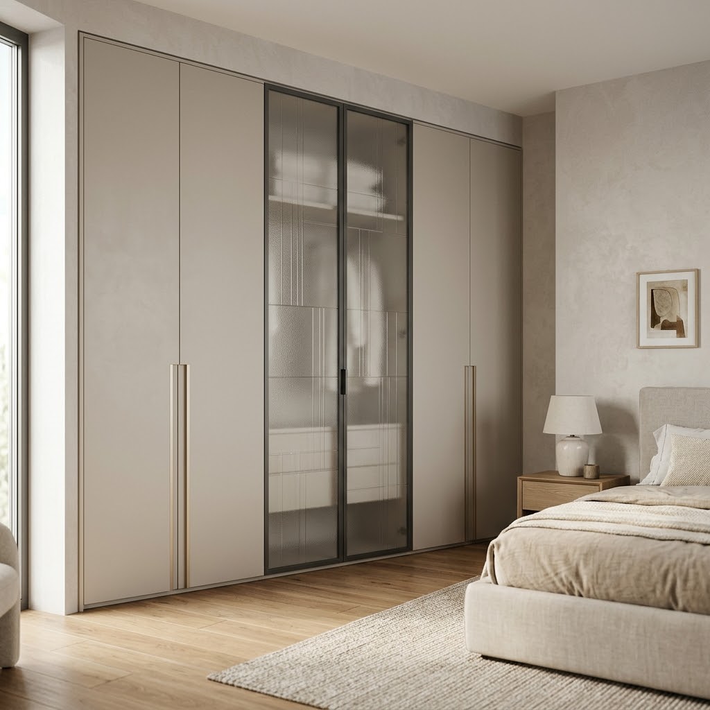 Встроенный шкаф с матовыми фасадами и стеклом