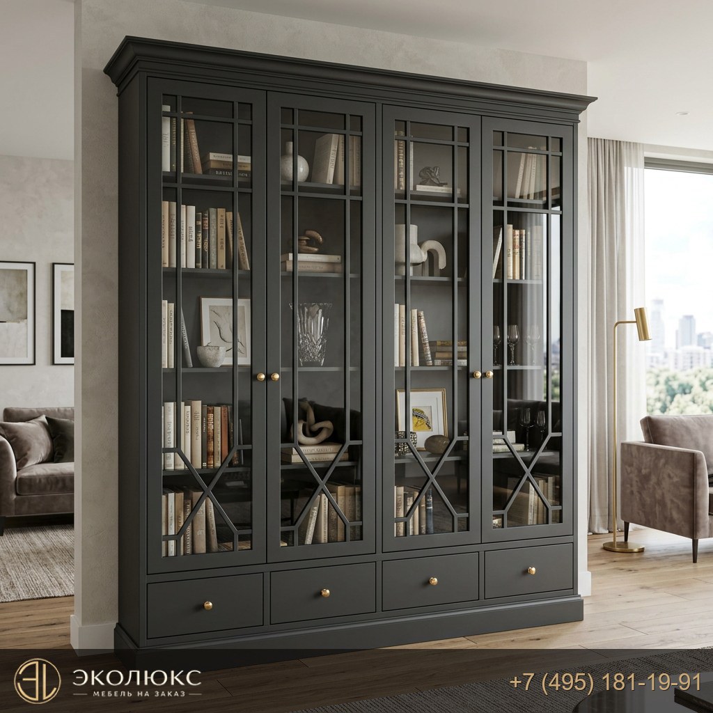 Премиальный тёмно-серый шкаф с витринами для гостиной
